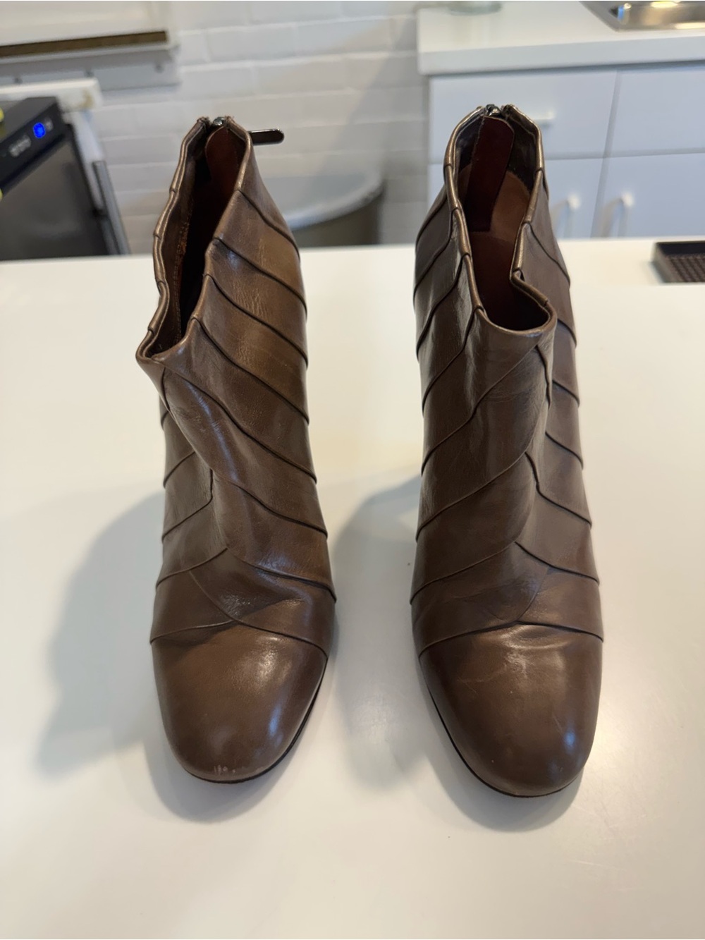 Elie Tahari Chocolate Brown Leather Ankle Booties with Layered Wrap Design